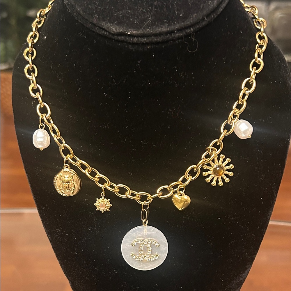 Gold Toned Chanel Charm Necklace with Mother-of-Pearl Coin Charm - Picture 2 of 6